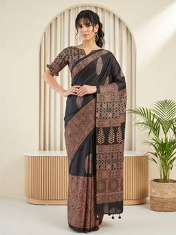 Sareemall - Women's Silk Blend Black Printed Saree