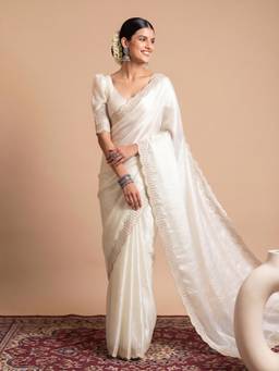 Akhilam - Women'S Satin Silk Off White Embellished Saree