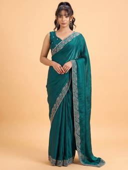 Akhilam - Women'S Satin Silk Teal Green Embellished Saree