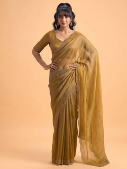 Akhilam - Women'S Satin Silk Mustard Embellished Saree