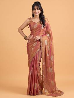 Akhilam - Women'S Satin Silk Rust Embellished Saree
