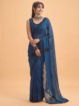 Akhilam - Women'S Satin Silk Teal Blue Embellished Saree