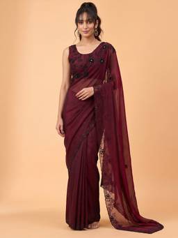 Akhilam - Women'S Satin Silk Maroon Embellished Saree