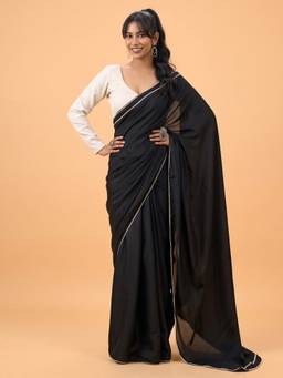 Akhilam - Women'S Satin Silk Black Solid Saree
