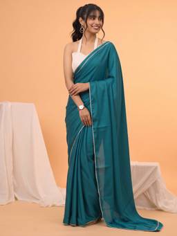 Akhilam - Women'S Satin Silk Teal Solid Saree