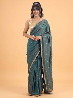 Akhilam - Women'S Silk Teal Embroidered Saree