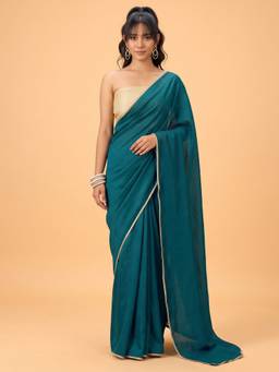Akhilam - Women'S Silk Teal Solid Saree