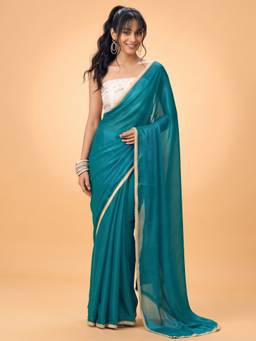 Akhilam - Women'S Satin Silk Teal Solid Saree