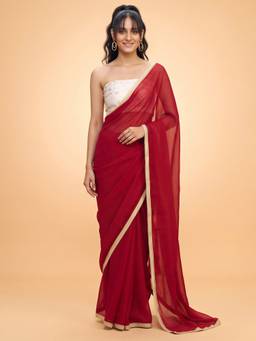 Akhilam - Women'S Satin Silk Red Solid Saree