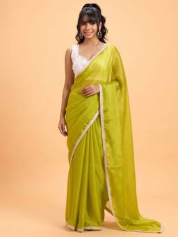 Akhilam - Women'S Satin Silk Olive Solid Saree