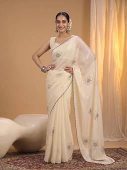 Akhilam - Women'S Satin Silk Off White Embellished Saree