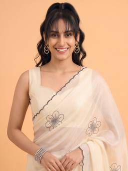 Akhilam - Women'S Satin Silk Off White Embellished Saree