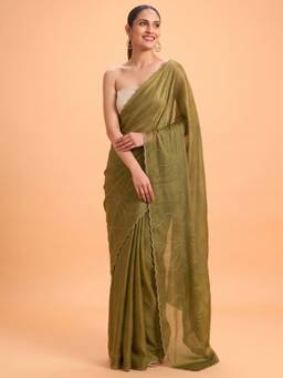 Akhilam - Women'S Satin Silk Olive Embellished Saree