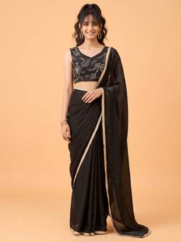 Akhilam - Women'S Satin Silk Black Solid Saree