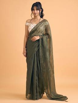 Akhilam - Women'S Silk Olive Solid Saree