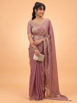 Akhilam - Women'S Silk Rose Gold Solid Saree with Belt