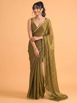 Akhilam - Women'S Silk Olive Solid Saree