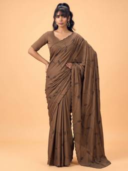 Akhilam - Women'S Satin Silk Coffee Brown Embellished Saree