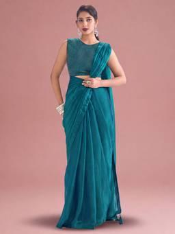 Akhilam - Women'S Satin Silk Teal Blue Solid Saree