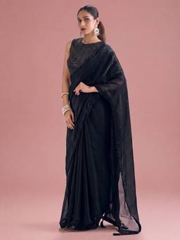 Akhilam - Women'S Satin Silk Black Solid Saree