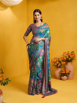 Sareemall - Women's Silk Blend Light Blue Printed Saree