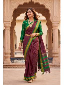 FLOSIVE - Women's Banarasi Kanjivaram Cotton Paithani Maroon Saree