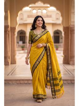 FLOSIVE - Women's Banarasi Kanjivaram Cotton Paithani Mustard Saree