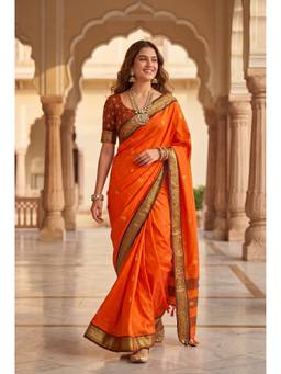 FLOSIVE - Women's Banarasi Kanjivaram Cotton Paithani Orange Saree