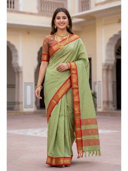 FLOSIVE - Women's Banarasi Kanjivaram Cotton Paithani Olive Saree