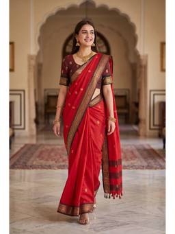 FLOSIVE - Women's Banarasi Kanjivaram Cotton Paithani Red Saree