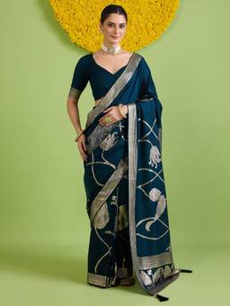Sareemall - Women's Silk Blend Navy Blue Woven Design Saree