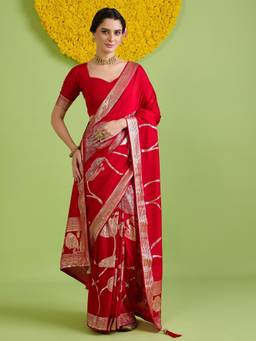 Sareemall - Women's Silk Blend Red Woven Design Saree