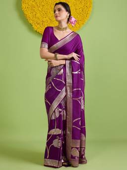 Sareemall - Women's Silk Blend Purple Woven Design Saree