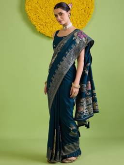 Sareemall - Women's Silk Blend Teal blue Woven Design Saree