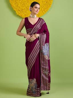Sareemall - Women's Silk Blend Wine Woven Design Saree