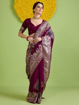 Sareemall - Women's Silk Blend Wine Woven Design Saree