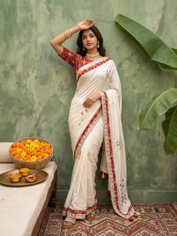 Sareemall - Women's Dola Silk White Embellished Saree