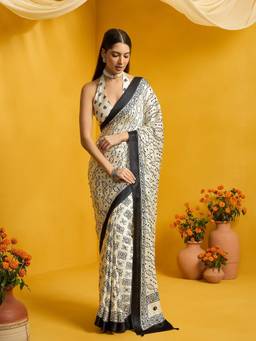 Sareemall - Women's Satin Silk Off White Printed Saree
