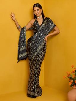 Sareemall - Women's Satin Silk Black Printed Saree