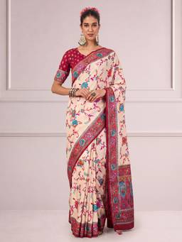 Akhilam - Cream Viscose Printed Saree