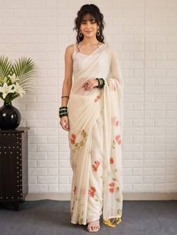 Akhilam - Off White Chiffon Printed Saree