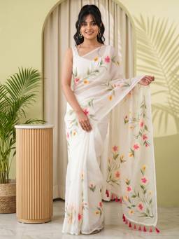 Akhilam - White Chinon Printed Saree