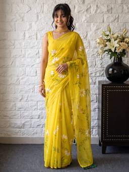 Akhilam - Yellow Chinon Printed Saree