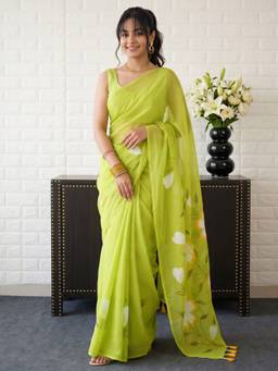 Akhilam - Mint Green Chinon Printed Saree