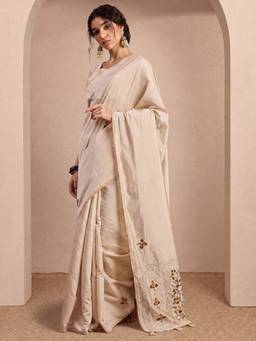Sareemall - Women's Tussar Silk Off White Embroidered Saree