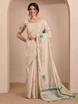 Sareemall - Women's Tussar Silk Off White Embroidered Saree