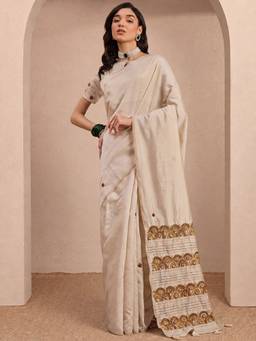 Sareemall - Women's Tussar Silk Off White Embroidered Saree