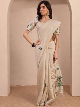Sareemall - Women's Tussar Silk Off White Embroidered Saree