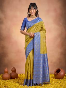 Sareemall - Women's Cotton Blend Olive Woven Design Saree