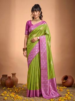 Sareemall - Women's Cotton Blend Green Woven Design Saree